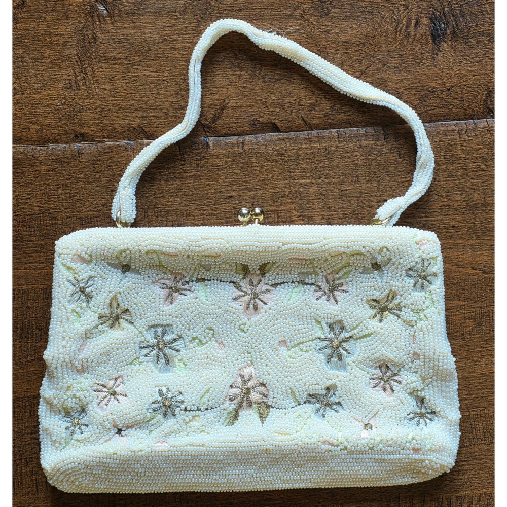 Vtg 50s Evening Hand Beaded Floral Clutch Purse White Pastel Embroidery Japan